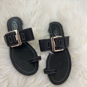 Tod's Black Leather Slide Sandals with Buckle